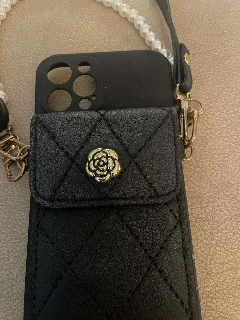 Brand New Black Quilted Crossbody Phone Case with Pearl Handle for iPhone 12 Pro